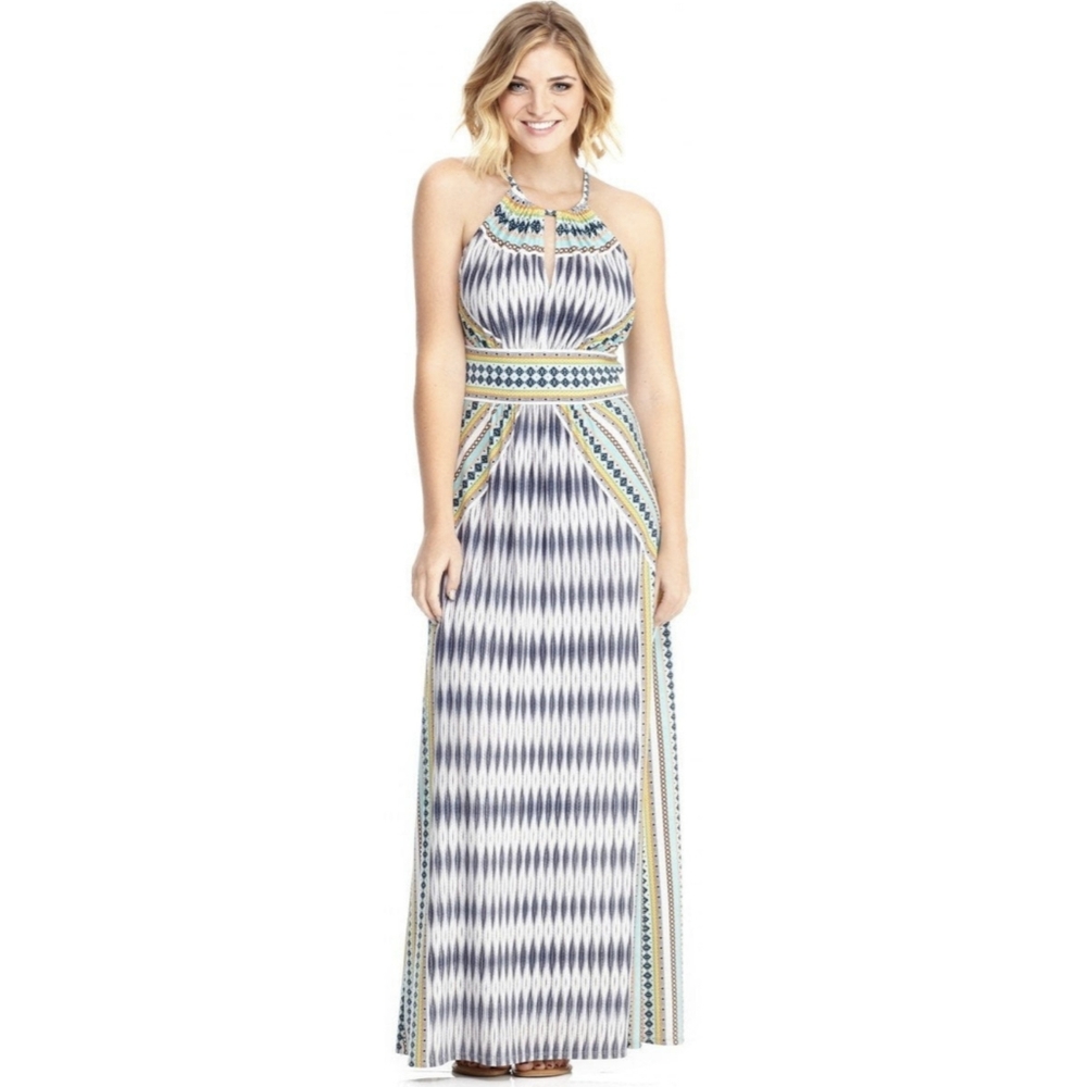 EUC London Times Halter Printed Tiered Maxi Dress